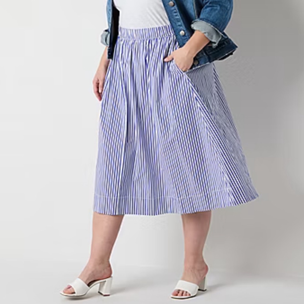 St. John's Bay High Rise Stretch Stripe Midi A-Line Skirt size 2X Blue White NWT